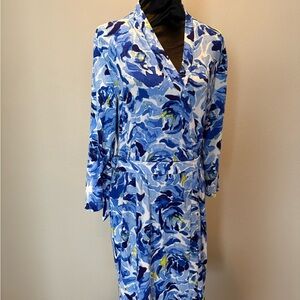 Dana Bushman Blue and White 3/4 Sleeve Floral Wrap Dress